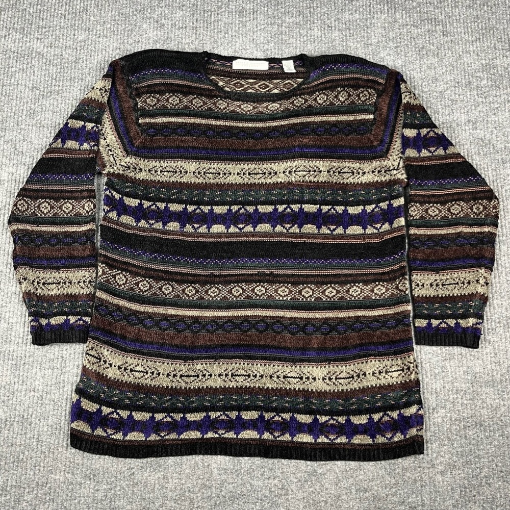 Vtg 90s Sweater Womens M Chenille Geometric Whimsigoth Grunge Oversized Soft